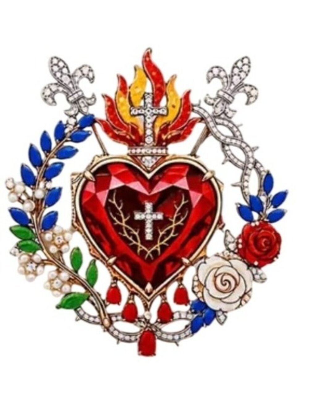 Sacred Heart Flaming Printed Enamel Brooch Gold Tone